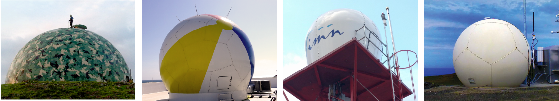 Four dome-shaped radar installations are shown, each painted or constructed to resemble objects like camouflage, a beach ball, an egg, and a golf ball, blending technology with playful or natural designs.